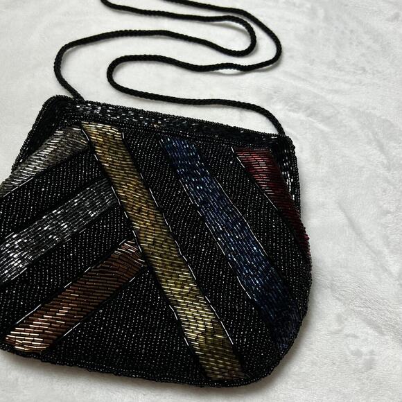 Vintage Beaded Evening Bag Black Rainbow Shoulder Purse Garfinckel's Pocketbook - Picture 3 of 12